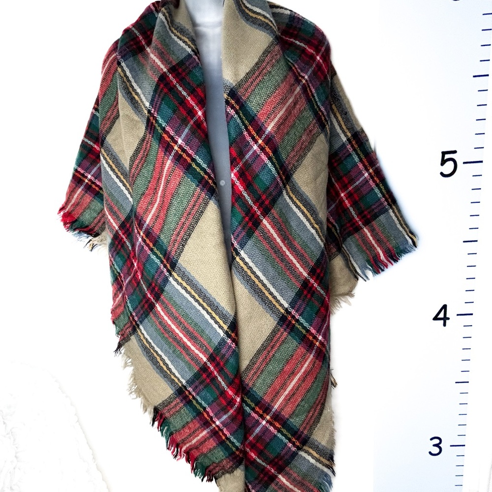 V. Fraas Red Tartan Plaid Shawl w/Frills